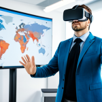 A focused young professional, fully clothed in a modest business casual outfit, wearing an advanced VR headset. Their hands gesture in the air, interacting with a holographic interface that displays dynamic cybersecurity simulation elements like a firewall blocking attacks or a network map. The background is a modern, brightly lit tech office training room with sleek furniture and large monitors, subtly out of focus. perfect anatomy, correct proportions, natural pose, well-formed hands, proper finger count, natural body proportions, professional photography, high quality, safe for work, appropriate content, fully clothed, professional dress, family-friendly.
