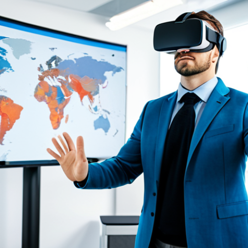 Home 4 A focused young professional, fully clothed in a modest business casual outfit, wearing an advanced VR headset. Their hands gesture in the air, interacting with a holographic interface that displays dynamic cybersecurity simulation elements like a firewall blocking attacks or a network map. The background is a modern, brightly lit tech office training room with sleek furniture and large monitors, subtly out of focus. perfect anatomy, correct proportions, natural pose, well-formed hands, proper finger count, natural body proportions, professional photography, high quality, safe for work, appropriate content, fully clothed, professional dress, family-friendly.