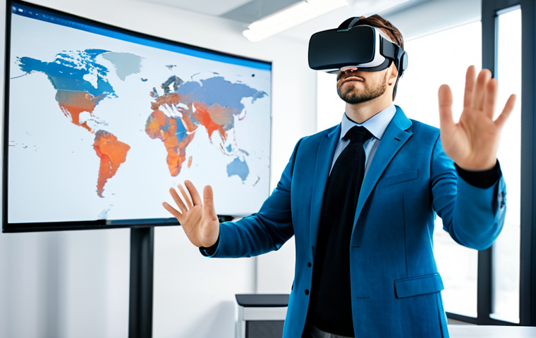 A focused young professional, fully clothed in a modest business casual outfit, wearing an advanced VR headset. Their hands gesture in the air, interacting with a holographic interface that displays dynamic cybersecurity simulation elements like a firewall blocking attacks or a network map. The background is a modern, brightly lit tech office training room with sleek furniture and large monitors, subtly out of focus. perfect anatomy, correct proportions, natural pose, well-formed hands, proper finger count, natural body proportions, professional photography, high quality, safe for work, appropriate content, fully clothed, professional dress, family-friendly.